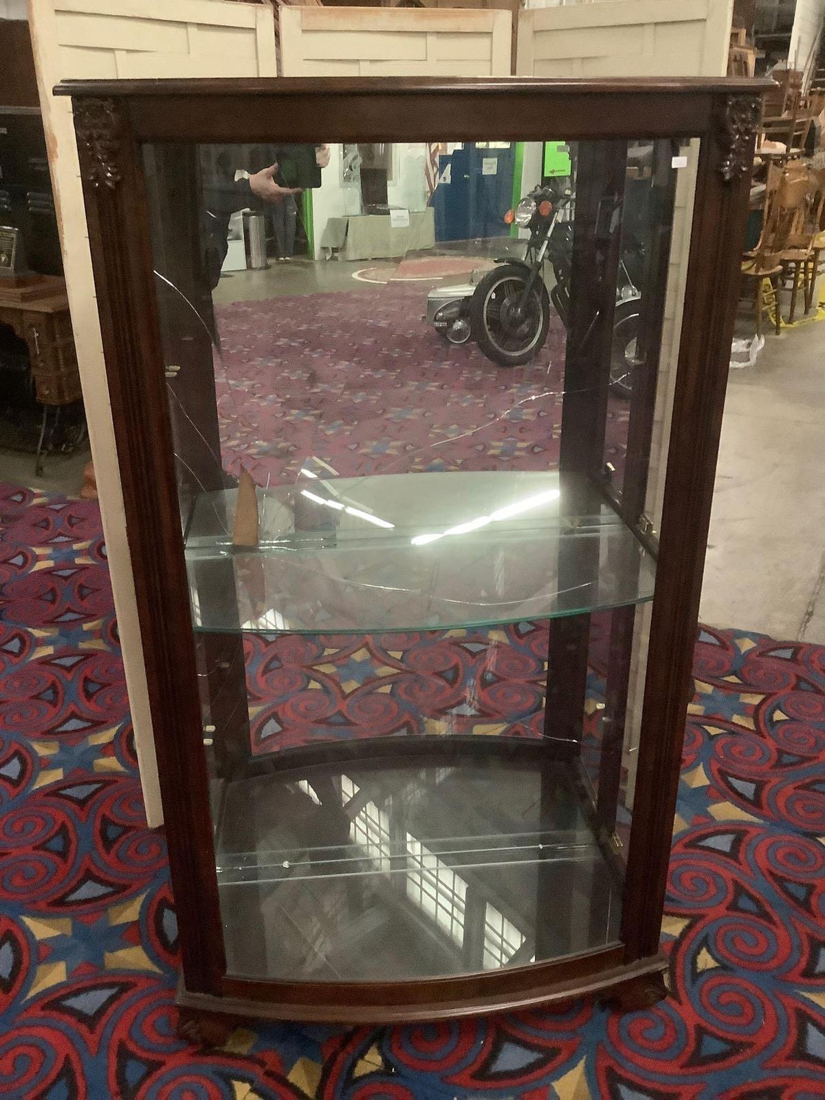 Pulaski Furniture slider curio side-loading cabinet with glass shelves, mirror back is broken.