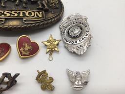 Collection of 9 pins and one belt buckle.