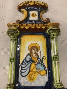 3 painted clay Holy Water fonts / stoups with images of religious figures - One is marked; Baiocco.