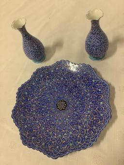 3 piece set of vintage Persian metal home decor: 2x bud flower vases and matching wall hanging plate