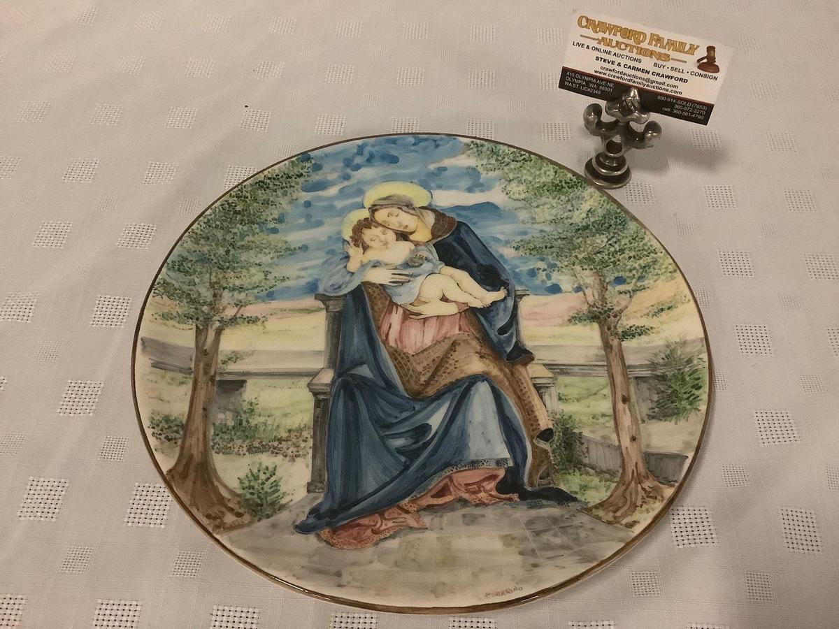 Hand painted ceramic plate feat. Madonna and Child, signed by artist: P. Severino