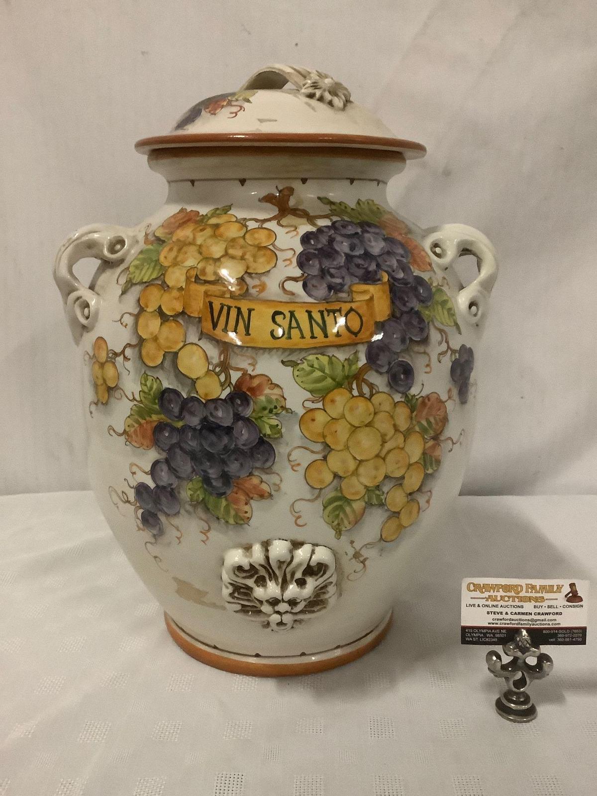 Mid-Century large Italian hand painted urn with lid, Vin Santo, signed by artist, approx 13x13x19 in