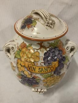 Mid-Century large Italian hand painted urn with lid, Vin Santo, signed by artist, approx 13x13x19 in
