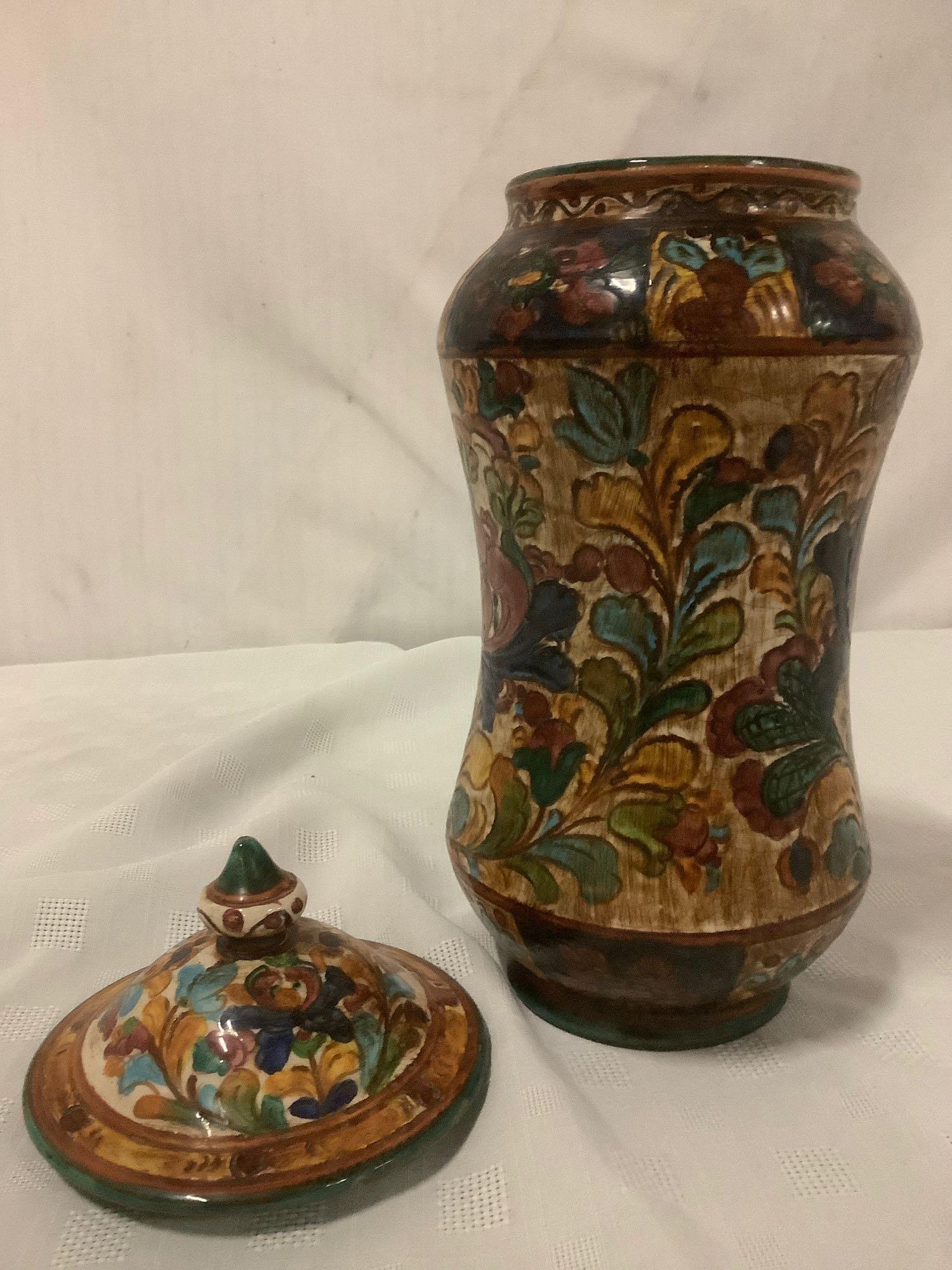 2 vintage floral pattern hand painted Italian ceramic urn w/ lid and pitcher, signed by artist