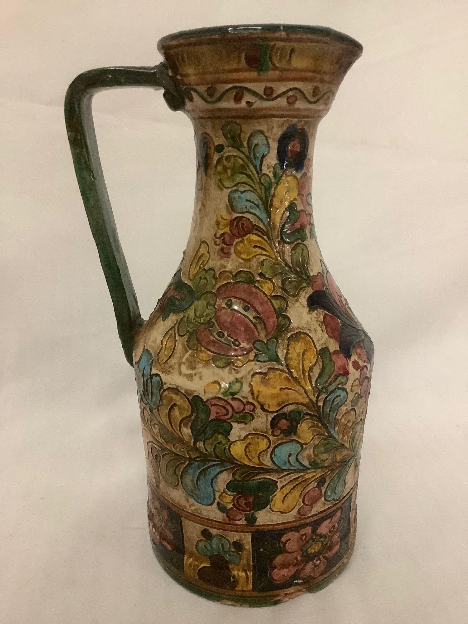 2 vintage floral pattern hand painted Italian ceramic urn w/ lid and pitcher, signed by artist