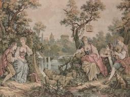 Large framed needlepoint tapestry - Victorian romantic scene of courtship and frolic by the lake