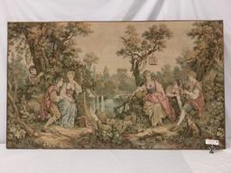 Large framed needlepoint tapestry - Victorian romantic scene of courtship and frolic by the lake