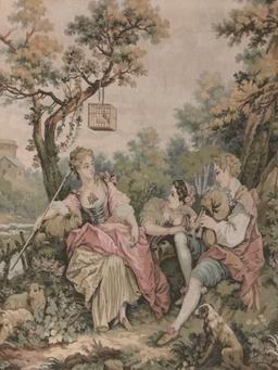 Large framed needlepoint tapestry - Victorian romantic scene of courtship and frolic by the lake