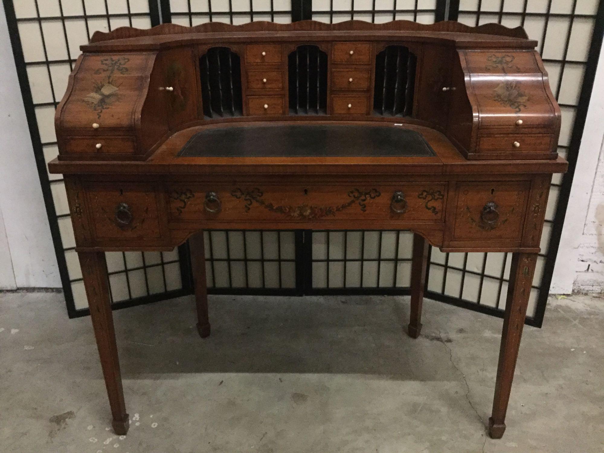 English 1908 Edwardian Adams style eleven drawer wooden desk w/ cherub/floral design