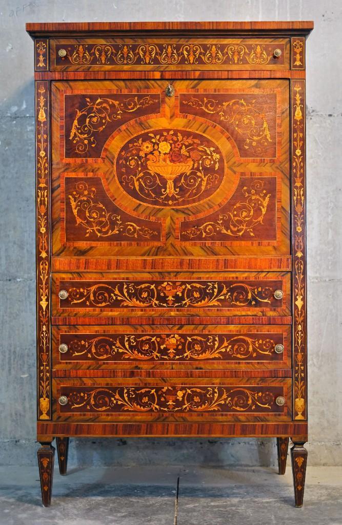 Antique Sorento drop-front lighted bar cabinet w/ intricate wood inlay work & floral design