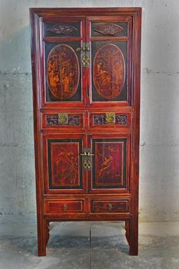 Antique 4-drawer 2-cupboard Chinese cabinet with bird design and scenes of Chinese life