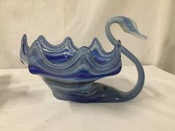 Set of three vintage Murano glass swan bowls. The largest measures approx 11x9x9 inches.