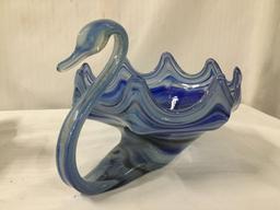 Set of three vintage Murano glass swan bowls. The largest measures approx 11x9x9 inches.