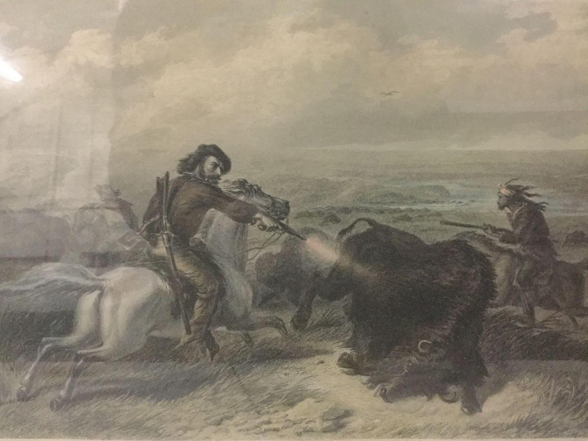 Antique hand tinted engraving of Hunting Buffaloes by Francis Hall. approx 14.5x11.5 inches.