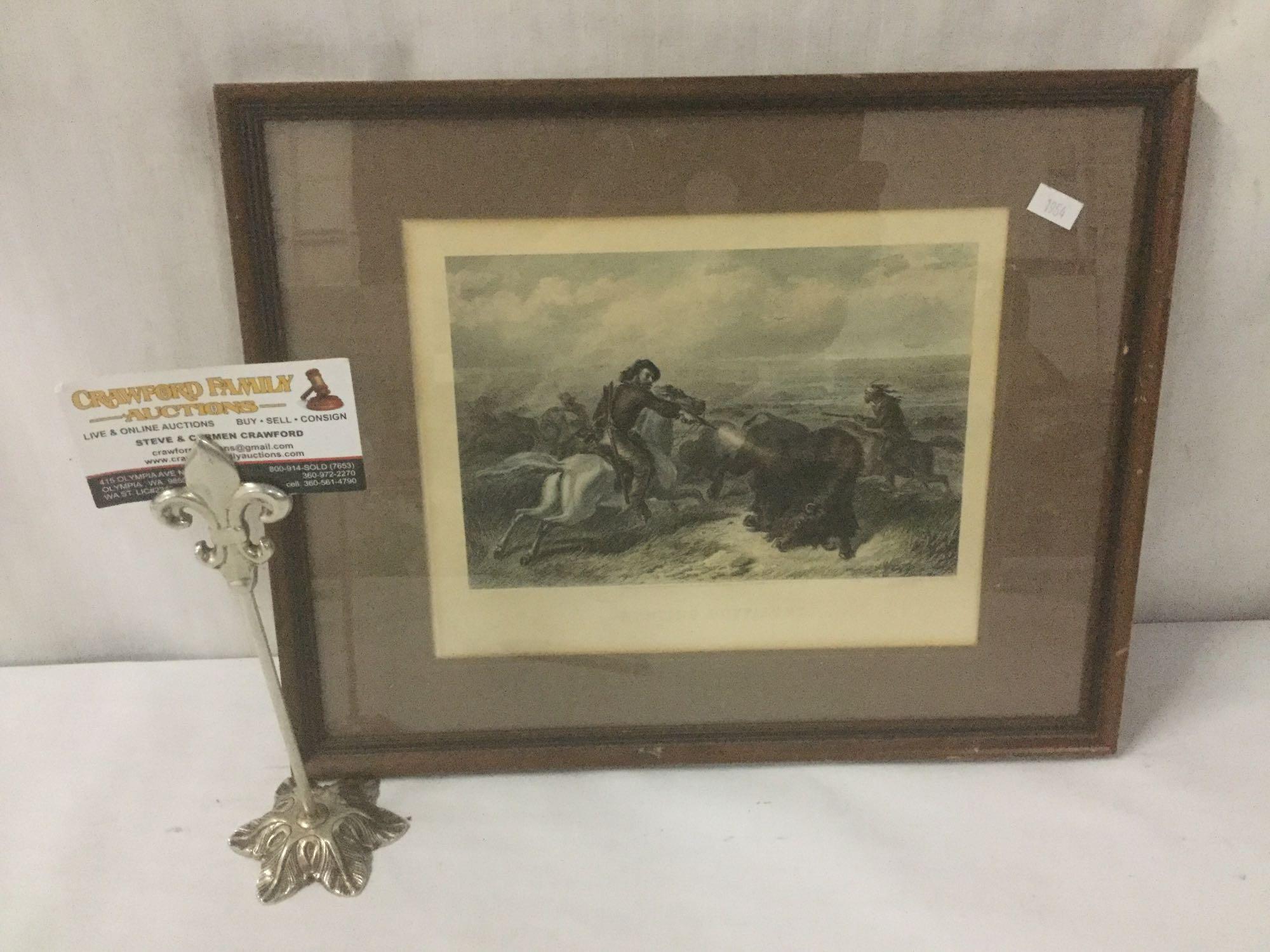 Antique hand tinted engraving of Hunting Buffaloes by Francis Hall. approx 14.5x11.5 inches.