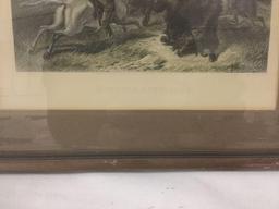 Antique hand tinted engraving of Hunting Buffaloes by Francis Hall. approx 14.5x11.5 inches.