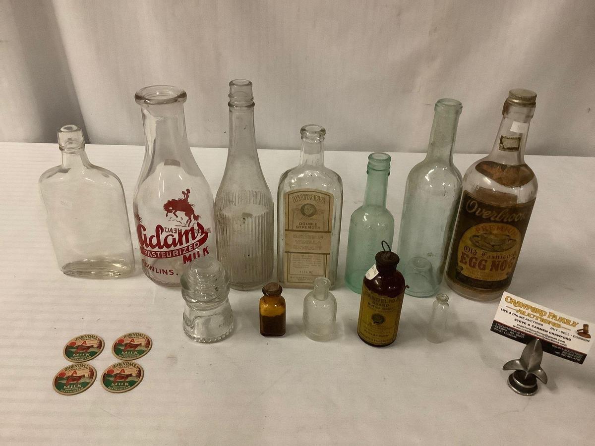 vintage glass bottles, insulator and milk bottle caps, Adams, Watkins, Overbrooks approx 10x4 inches