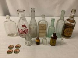 vintage glass bottles, insulator and milk bottle caps, Adams, Watkins, Overbrooks approx 10x4 inches