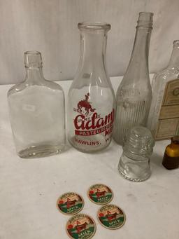 vintage glass bottles, insulator and milk bottle caps, Adams, Watkins, Overbrooks approx 10x4 inches