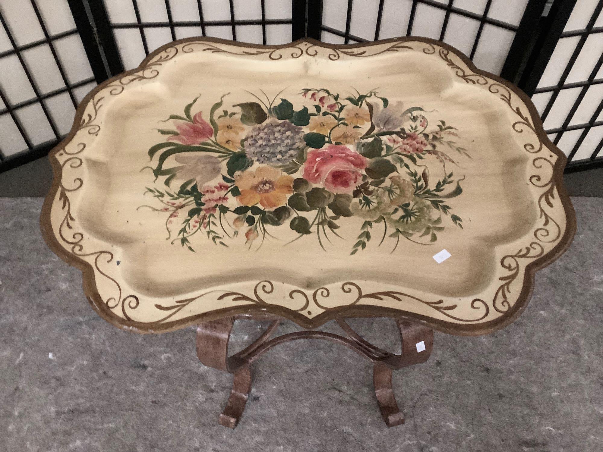 Vintage floral design hand painted metal tray stand small table, approx 27 x 20 x 17 inches