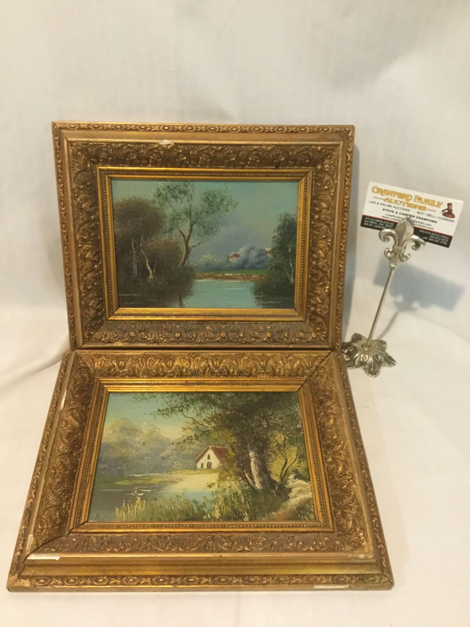 Pair of original nature scene paintings in matching vintage frames, one is signed by artist