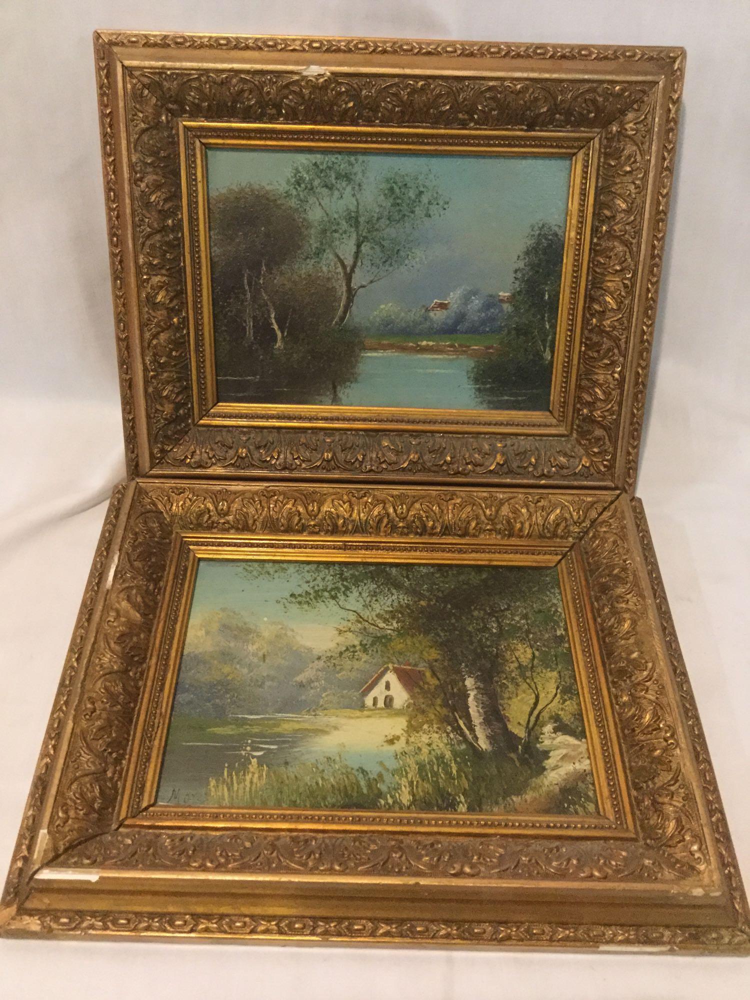 Pair of original nature scene paintings in matching vintage frames, one is signed by artist