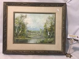 Vintage framed original mountain scene oil painting signed by unidentified artist