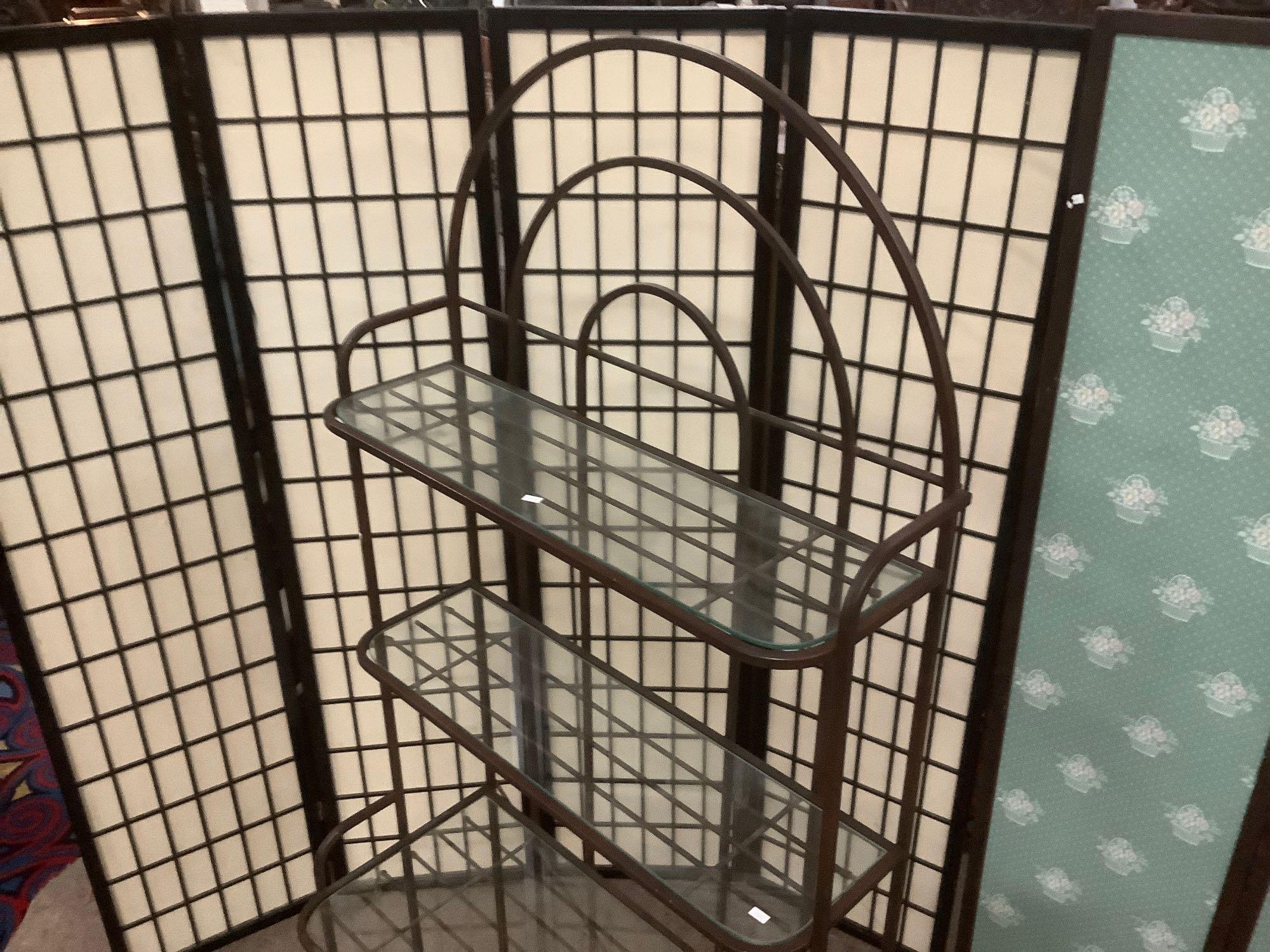 Metal & glass shelf four-tiered bakers rack / display shelf, approx. 31x16x72 inches.