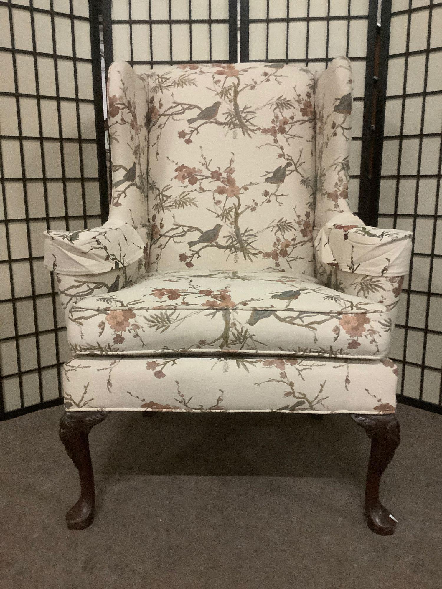 William Allen Inc. wingback armchair w/floral & bird upholstery. Some wear, see pics