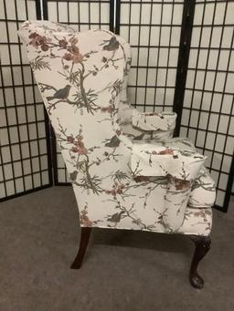 William Allen Inc. wingback armchair w/floral & bird upholstery. Some wear, see pics