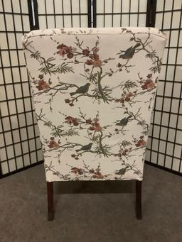 William Allen Inc. wingback armchair w/floral & bird upholstery. Some wear, see pics