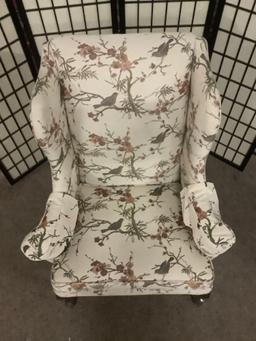 William Allen Inc. wingback armchair w/floral & bird upholstery. Some wear, see pics