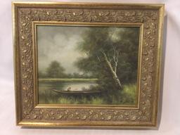 Man fishing in boat, ornately framed original nature scene painting signed by artist F. Giron