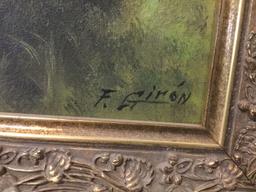 Man fishing in boat, ornately framed original nature scene painting signed by artist F. Giron