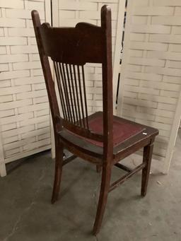 Vintage wood carved chair with red leather seat, approx 17 x 40 x 17 inches