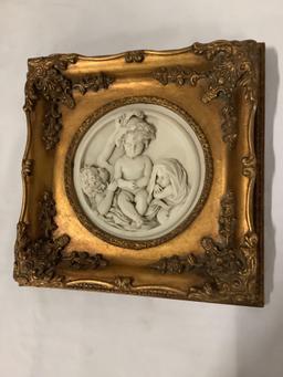 Antique gilt framed cherub relief marble art. Enrico Braga cherub plaque w/ Perfugium Regibus coin