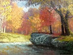 Vintage framed nature scene painting in Fall colors, signed by unidentified artist approx 13x11x2 in