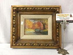 Vintage framed nature scene painting in Fall colors, signed by unidentified artist approx 13x11x2 in