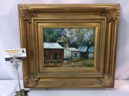 Vintage framed original oil painting of a farm scene. Unsigned/artist unknown. Approx 19x17x3 in.