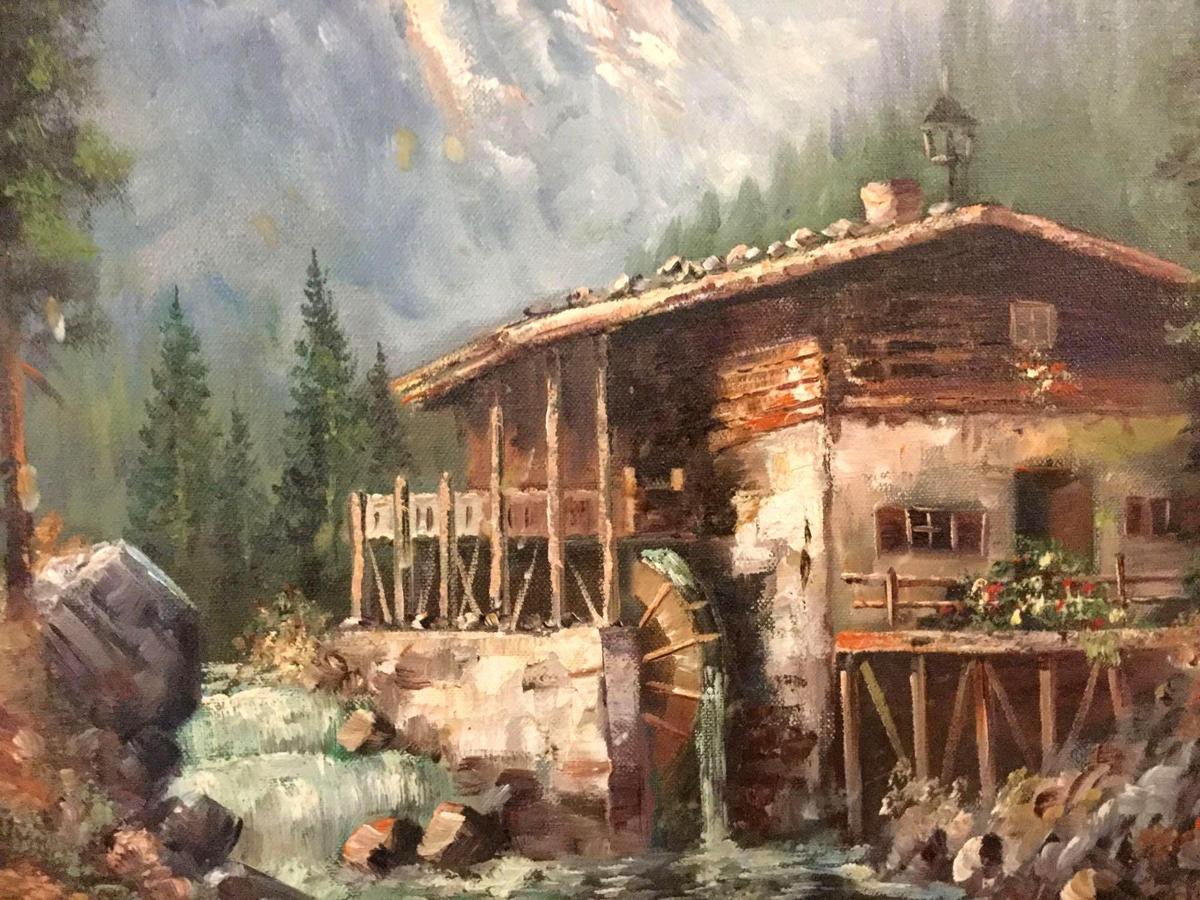Vintage framed original oil painting of a mill in the mountains, signed by artist Sarah Lammi (?)