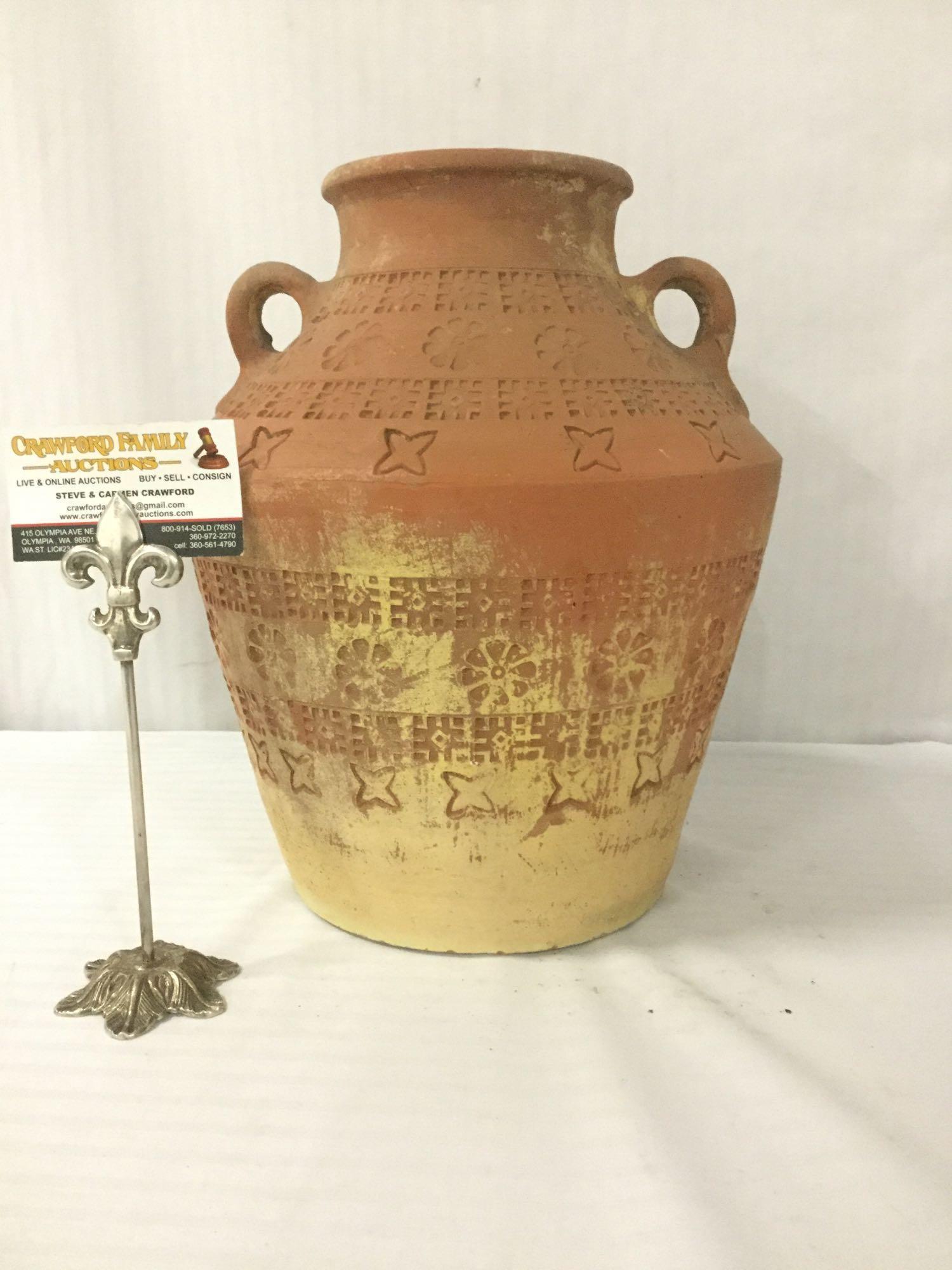 Vintage ceramic 2-handled vase w/star & floral incised designs, some wear, approx 11x11x13 inches