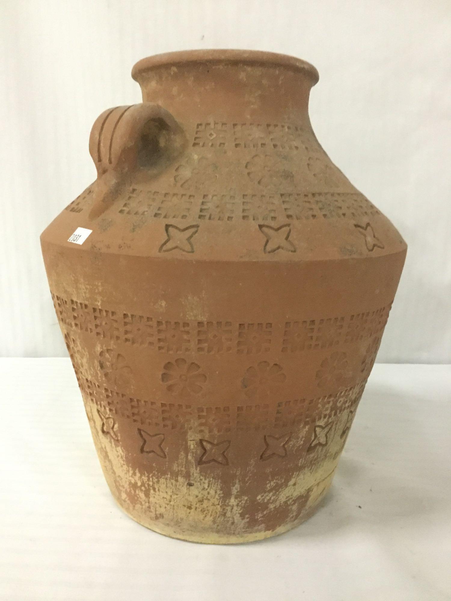 Vintage ceramic 2-handled vase w/star & floral incised designs, some wear, approx 11x11x13 inches