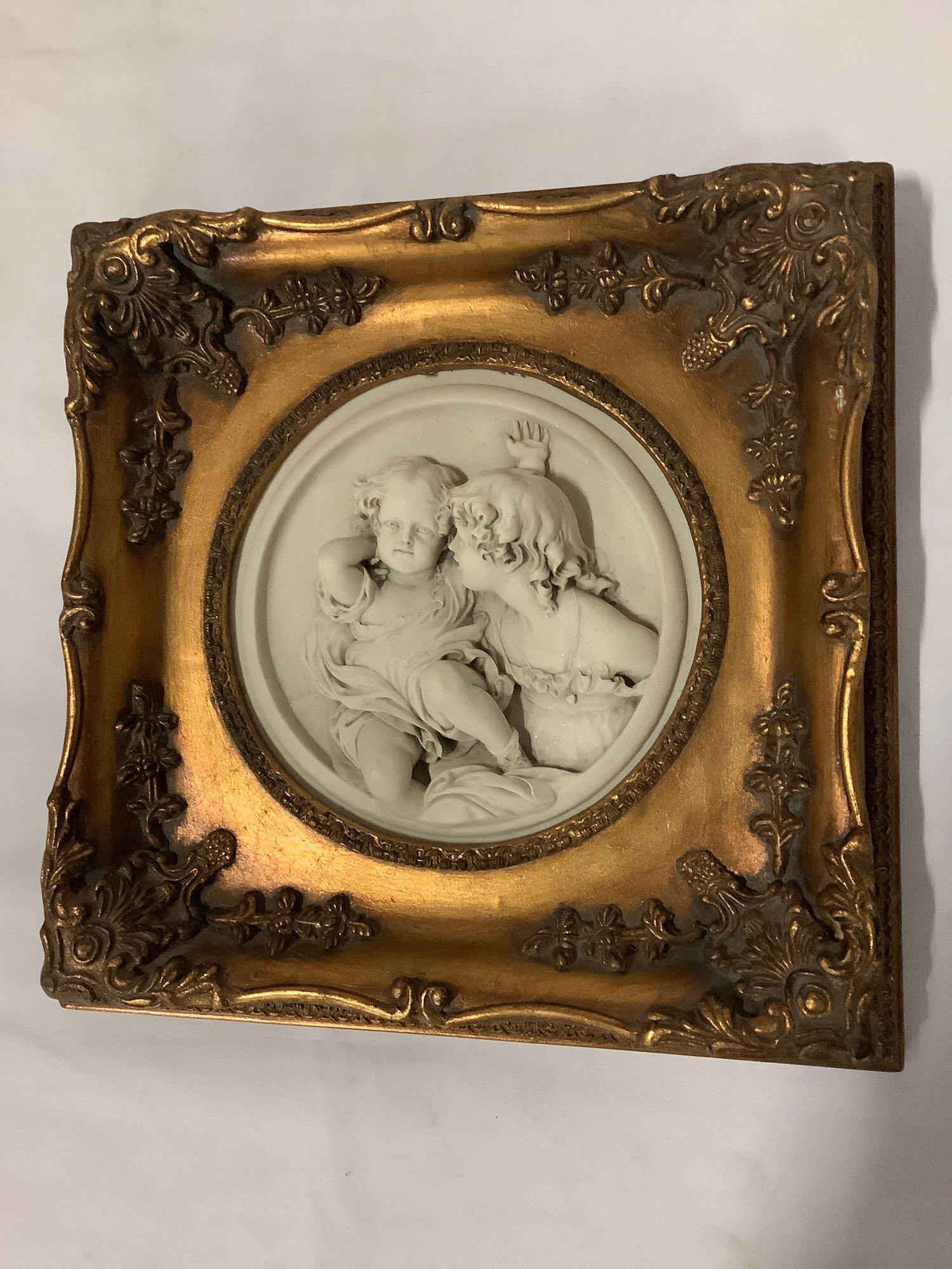 Antique gilt framed cherub relief marble art. Enrico Braga cherub plaque w/ Perfugium Regibus coin