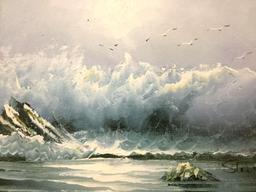 Vintage framed original oil painting of crashing waves & seagulls, signed by artist Steve 17x15x2 in