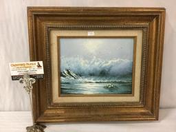 Vintage framed original oil painting of crashing waves & seagulls, signed by artist Steve 17x15x2 in