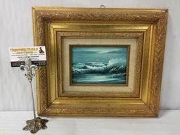 Small vintage original signed(?) oil painting of seagulls & ocean waves in a gold tone wooden frame