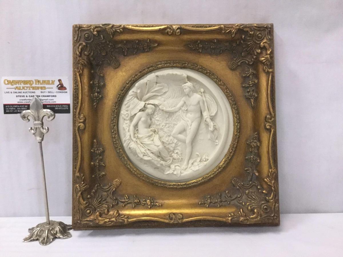 Antique 1848 gilt framed romantic relief marble art piece. Antique coin embedded on back.