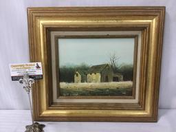 Vintage framed repro oil on canvas of a farmstead, signed by artist Herb Welch. Approx. 17x15x2