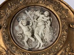 Antique gilt framed cherub relief marble art piece. Enrico Braga