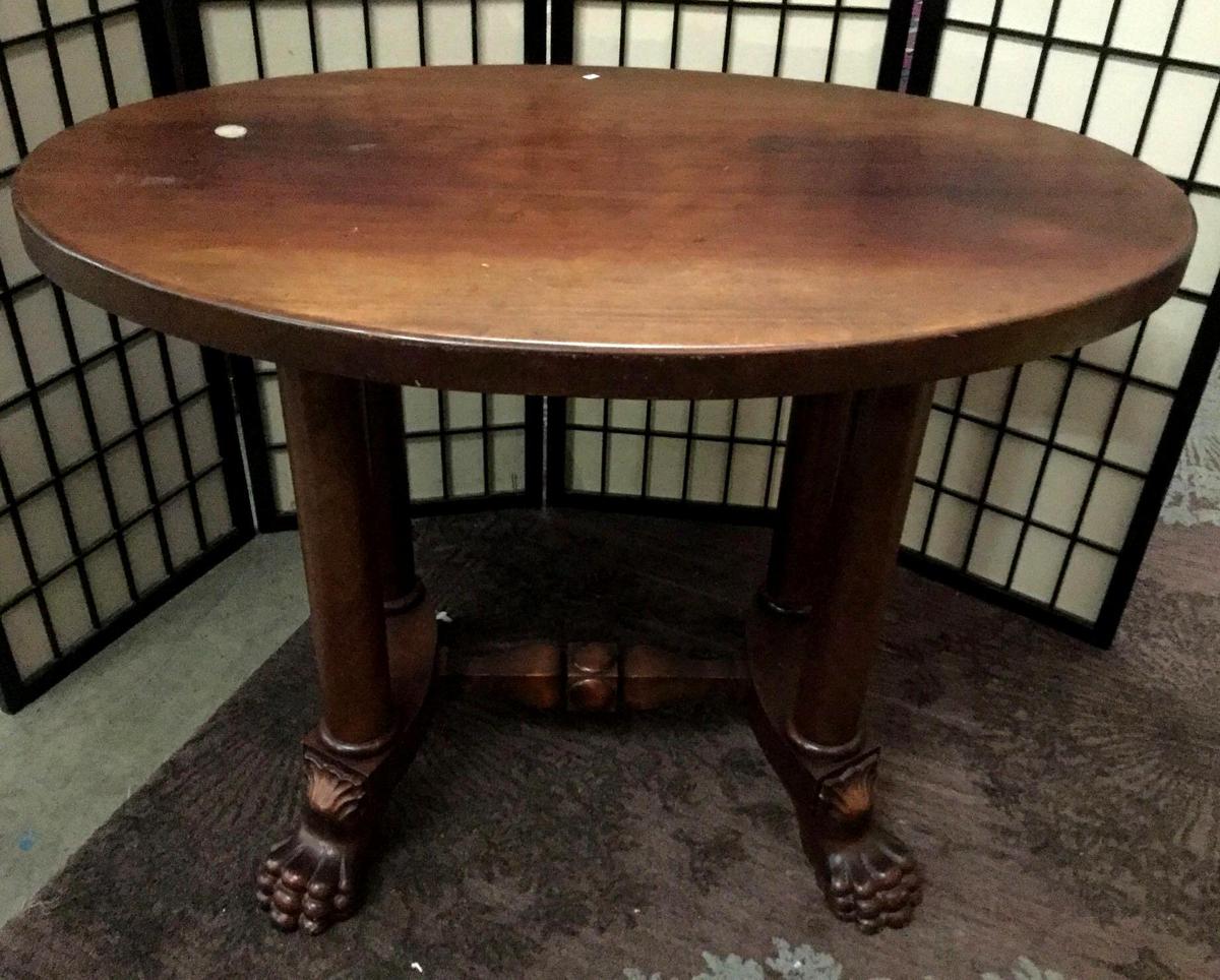 Vintage wood claw foot hall table. The top shows wear, see pics. Approx 40x29x26 inches.